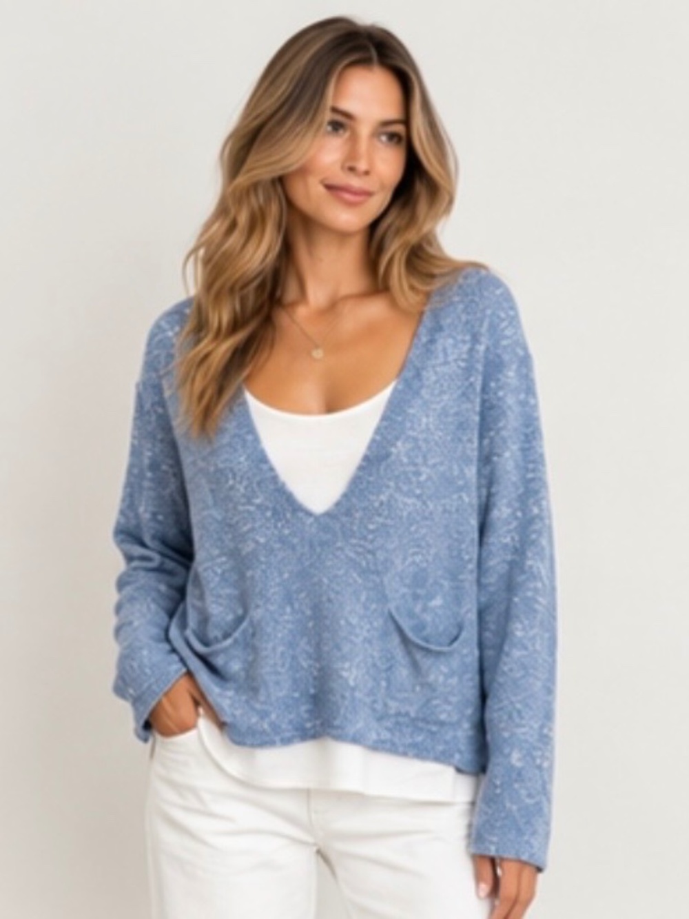 Own It Made in Italy Blue Shimmer Layered V-Neck Sweater Women’s US 8